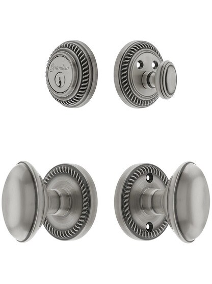 Grandeur Newport Entry Door Set, Keyed Alike with Oval Brass Knobs in Antique Pewter.